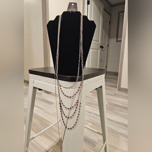 Silver & Dark Red Long Necklace and Earring Set